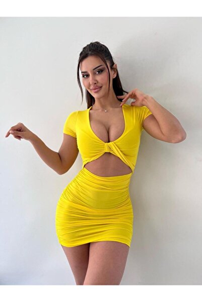 pink life Sarı V Yaka Hollow Out Wrap Hip Kısa Kollu Mini Elbise