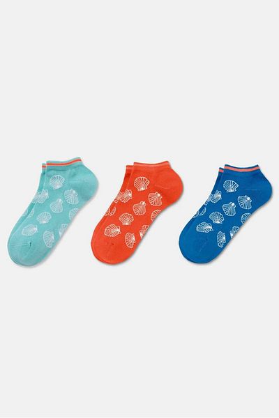 Tchibo Women 3 Pairs Of Shells Ankle Pattern Socks, Blue and Aqua and Red