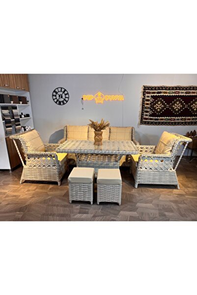 DEPODUNYA Rattan Puflu Bahçe Balkon Takımı 3 1 1 Rattan Bahçe Mobilyası Bahçe Takımı Oturma Grubu