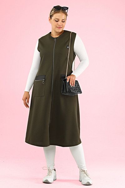 Ferace Women's Large Size Long Vest with Leather Pockets Ottoman Khaki