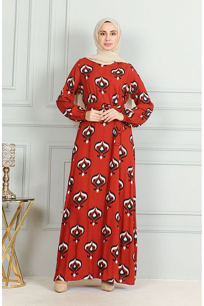 sefamerve Kachelschwarzes Viskose-Kleid mit Muster und Schärpe 0491-04