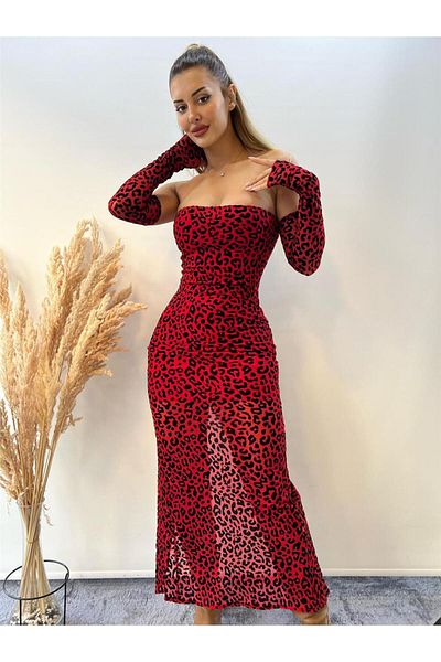pink and pink Rochie roșie din tul cu mâneci cu imprimeu leopard