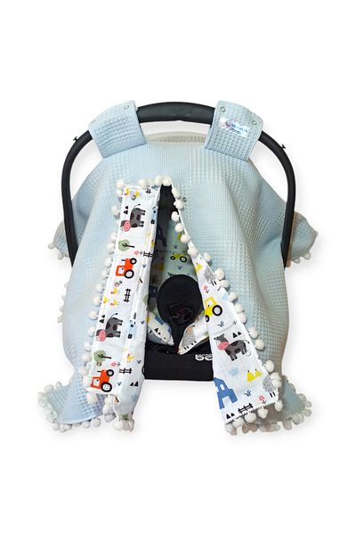 Birmelek Piqued Double Layer Double Sided Pompom Muslin Stroller Cover and Cushion