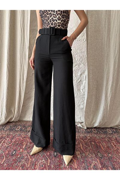 mydukkan.co Mita Belted Linen Trousers - Black