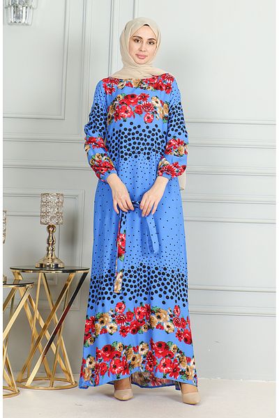 sefamerve Φόρεμα Indigo Viscose - Διακοσμημένο με φύλλο και ελαστικά μανίκια 0494-01
