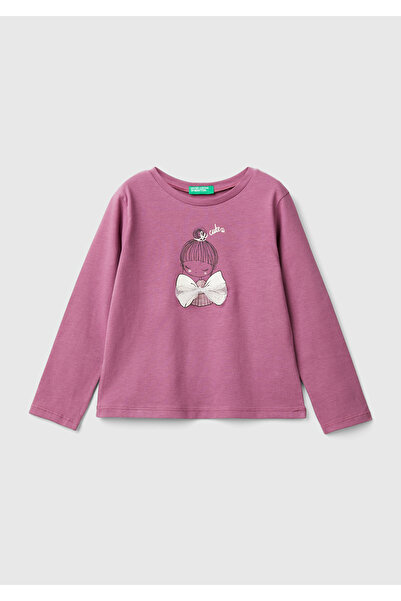 United Colors of Benetton Kız Çocuk Gül Kurusu Önü Su Bazlı Baskılı Geniş Kes...