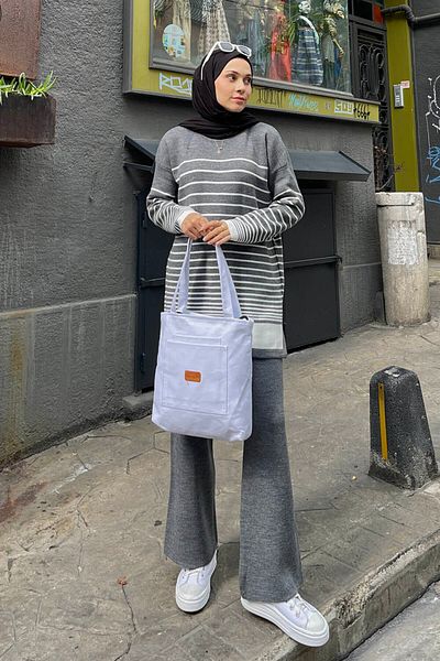 lamelif Gray Striped Knitwear Set