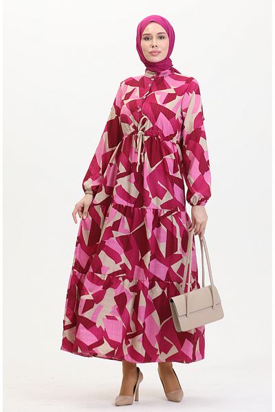 sefamerve Fuchsia Patterned Lace up Dress - Front Buttoned 0518-04