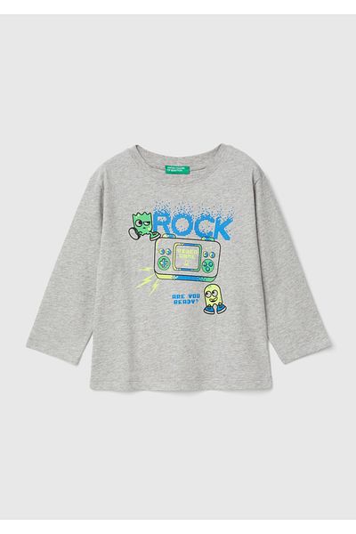 United Colors of Benetton Boy's Gray Melange Printed Crew Neck Long Sleeve T-Shirt