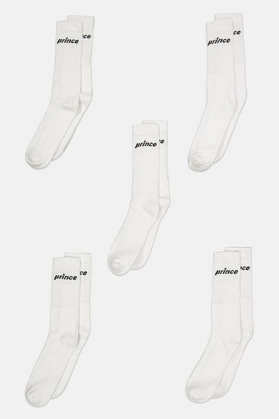 Prince Men 5 Pairs Full Length Brand Logo Socks, White