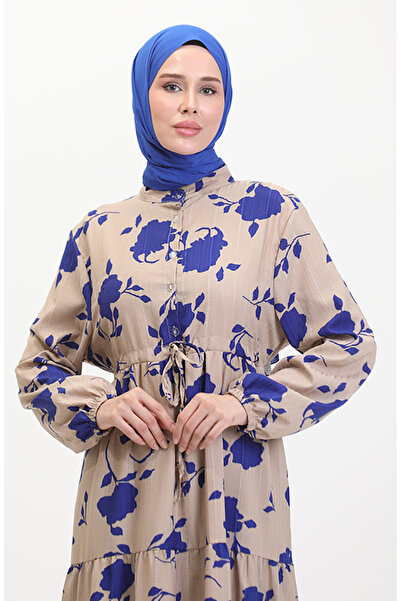 sefamerve Mink Saks Patterned Lace up Dress - 0516-04, Front Buttoned