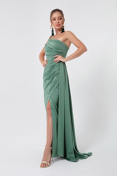 Lafaba Rochie de seară din satin cu un singur umăr și rochie de absolvire pentru femei, verde mentă