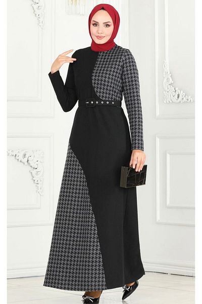 EDALİNDA Anthracite Houndstooth Patterned Tweed Dress - 3023Ktr750