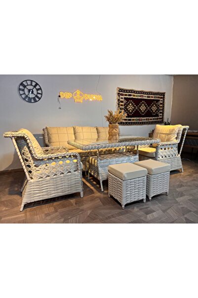 DEPODUNYA Rattan Puflu Bahçe Balkon Takımı 3 1 1 Rattan Bahçe Mobilyası Bahçe Takımı Oturma Grubu