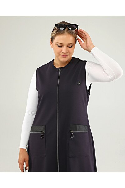 Ferace Women's Large Size Long Vest with Leather Pockets Ottoman Navy Blue