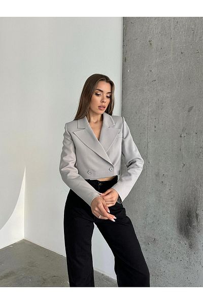 mydukkan.co Grey Crop Blazer Jacket - Double Button Design