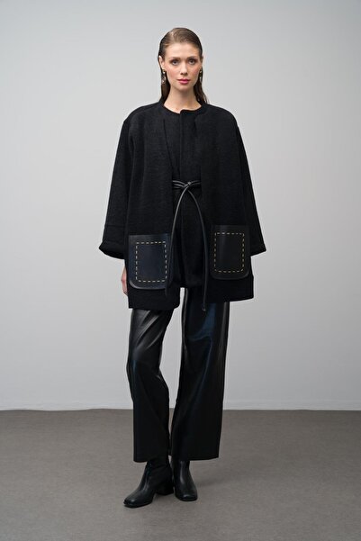 Olcay Casual Leather Coat - Pocket and Belt Detail, Unlined, Black 3076