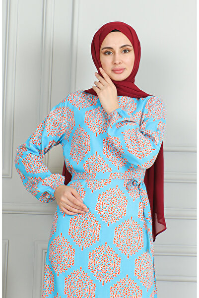 sefamerve Turquoise Tile Viscose Patterned Belted Dress - 0493-06