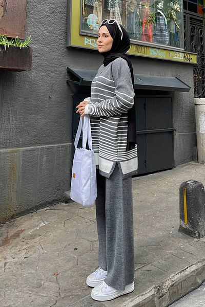 lamelif Gray Striped Knitwear Set