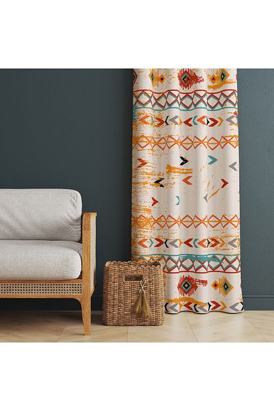 Evmila Ethnic Patterned Kitchen, Living Room, Bed and Children's Room Single Wing Velvet Texture Background Curtain