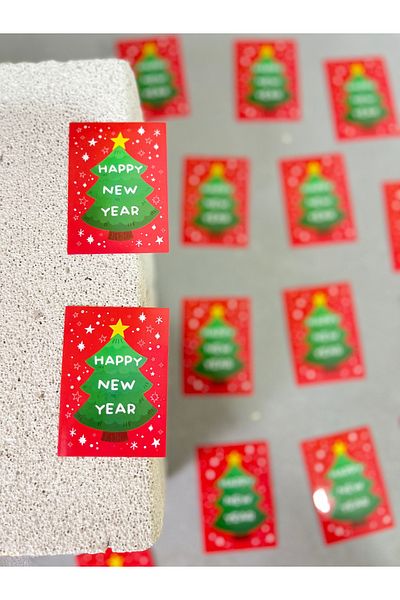 Meyofficial New Year Adhesive Sticker with Pine Wood Pattern Happy New Year 5*7 cm 30 Pcs