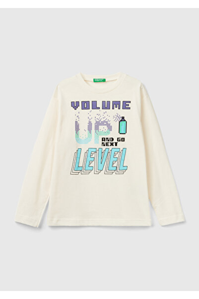 United Colors of Benetton Μακρυμάνικο μπλουζάκι εκρού εμπριμέ για αγόρι