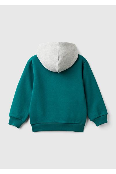 United Colors of Benetton Boy's Pine Green Front Printed Hooded Contrast Color Kangaroo Pocket Sweatshirt