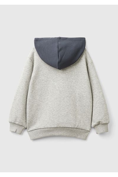 United Colors of Benetton Boy's Gray Melange Front Printed Hooded Contrast Color Kangaroo Pocket Sweatshirt