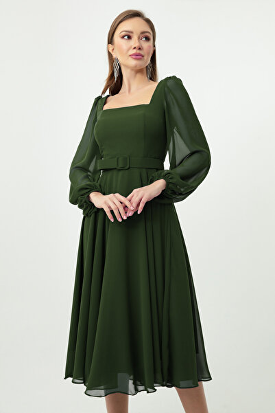 Lafaba Női khaki négyszögletes galléros öves Midi sifon estélyi ruha