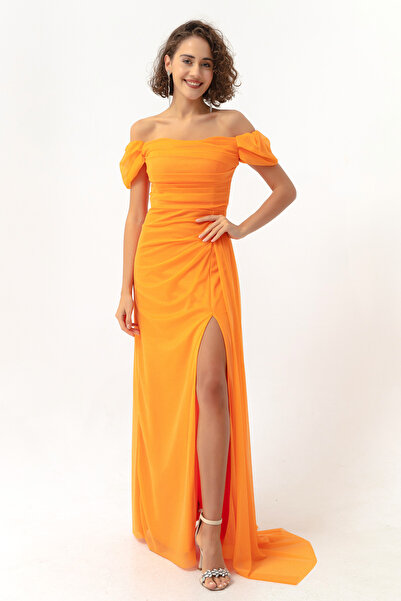 Lafaba Women's Orange Boat Neck Draped Slit Long Glitter Evening Dress