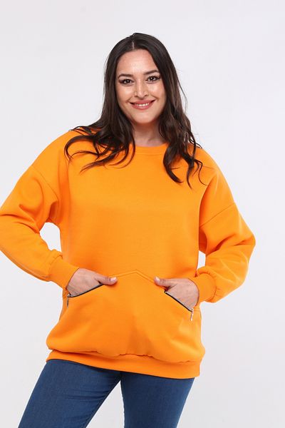 Ebsumu Large Size Zippered Orange Sweatshirt - Basic Model with Pocket Detail