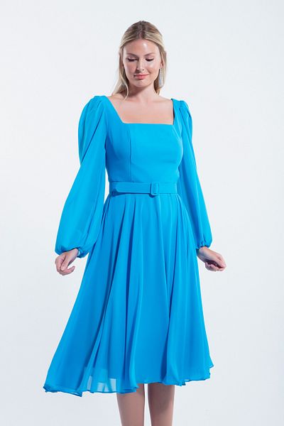 Lafaba Turquoise Midi Chiffon Evening Dress - Square Collar and Belt Dress