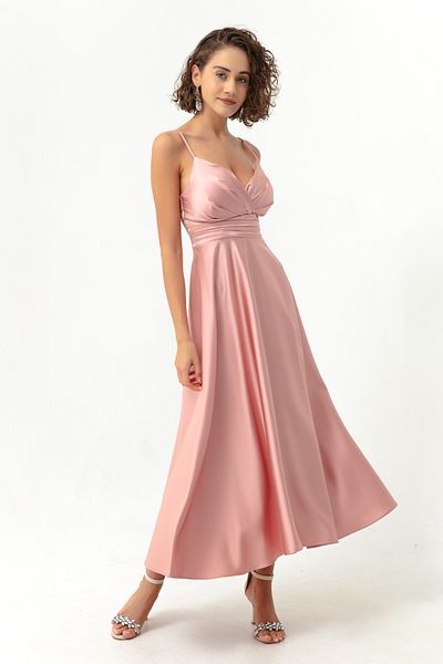 Lafaba Rosafarbenes Midi-Abendkleid und Abschlusskleid aus Satin mit Taillengürtel und Seilriemen für Damen