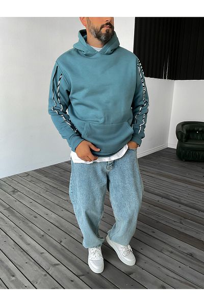BYBASICMAN Petrol Blue Stripe Patterned Hooded Sweat Bla-646