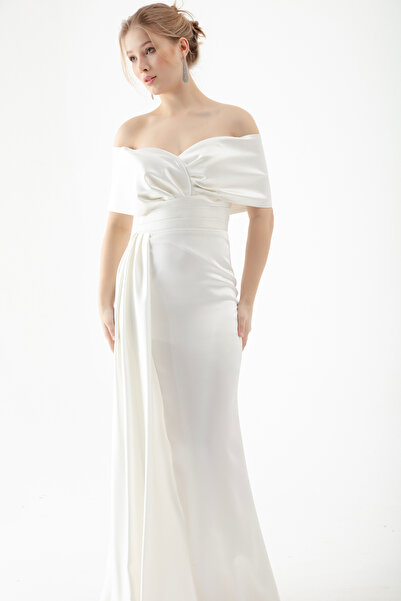 Lafaba Dámské bílé lodičkové dlouhé večerní šaty s výstřihem