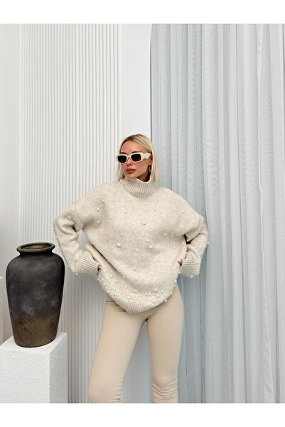 Olcay Oversize Turtleneck Sweater - Pearl Detailed, Beige 8240