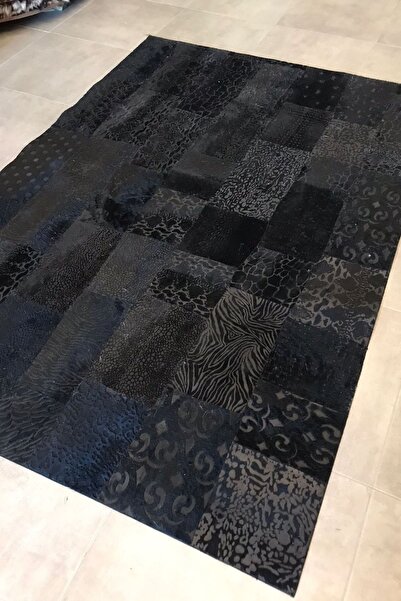 Dericibey Özel Tasarım Siyah Hakiki Dana Derisi Patchwork Halı - Premium Kali...