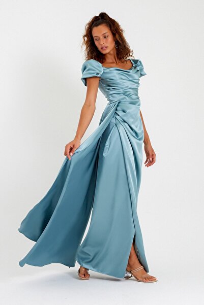 Lafaba Γυναικείο βραδινό φόρεμα με μακρύ σατέν λαιμόκοψη με πράσινη λαιμόκοψη και αποφοίτηση