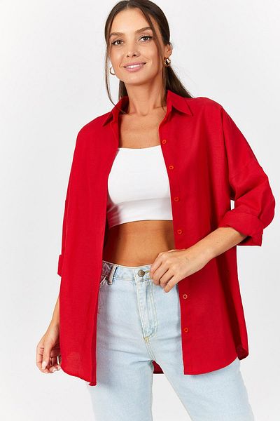 armonika Women's Red Oversize Long Basic Shirt ARM-22Y001118