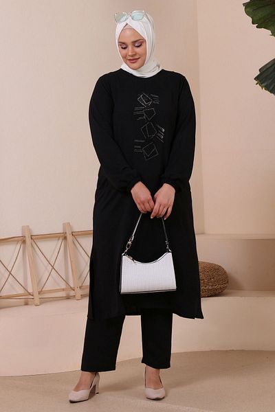 Ferace Hijab Ayrobin Διπλό Σετ Μεγάλο Μέγεθος Tunic Παντελόνι Γυναικείο Μαύρο