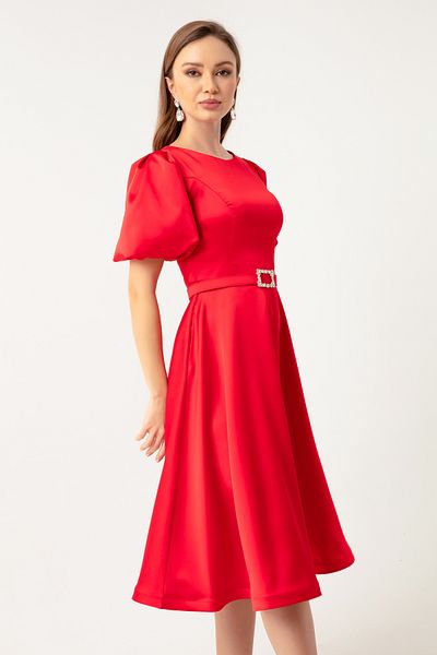 Lafaba Women's Red Balloon Sleeve Stone Belted Mini Satin Evening Dress