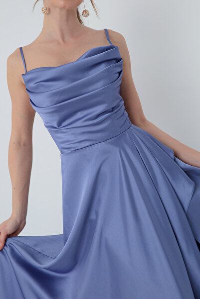 Lafaba Női Indigó Flounce hasított szatén estélyi és ballagási ruha