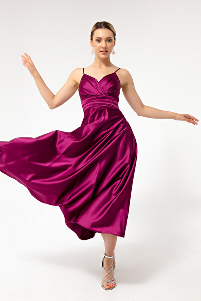 Lafaba Pflaumenfarbenes Midi-Abendkleid und Abschlusskleid aus Satin mit Taillengürtel und Seilriemen für Damen