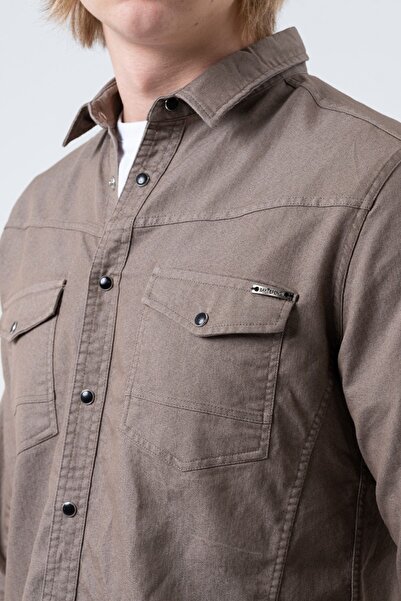BAYEFENDİ Erkek Kahve Slim Fit Cepli Likralı Kot Gömlek