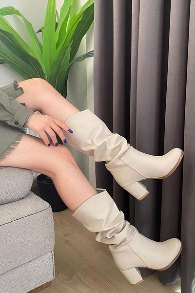 Preshley Γυναικείες μπότες Azra Cream Skin Bellows