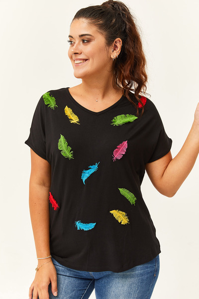 Ebsumu Women's Plus Size Colorful Leaf Embroidered Black Blouse