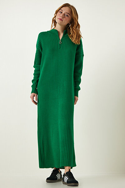 Lovelyİstanbul Fitilli Oversize Triko Elbise Yeşil Ldd0053