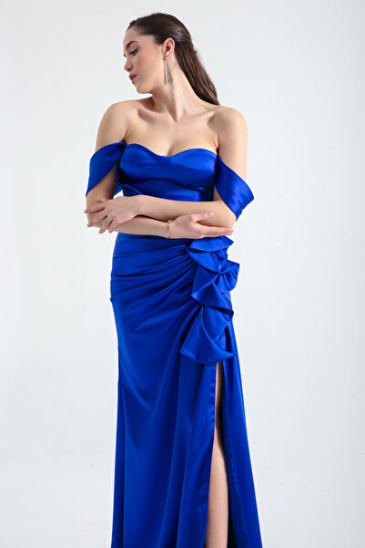 Lafaba Dámské Saks Sweetheart Neck Ruffle Dlouhé saténové večerní šaty