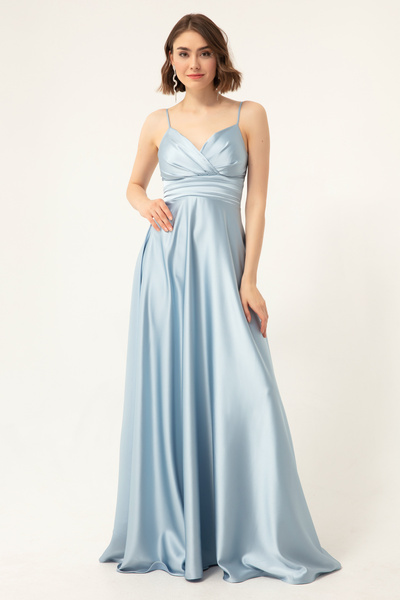 Lafaba Γυναικείο μωρό σατέν μακρύ βραδινό φόρεμα και φόρεμα αποφοίτησης με λουράκι στη μέση