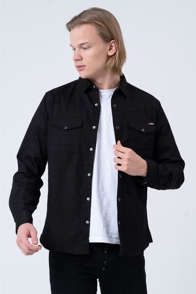 BAYEFENDİ Erkek Kutulu Slim Fit Cepli Likralı Kot Gömlek